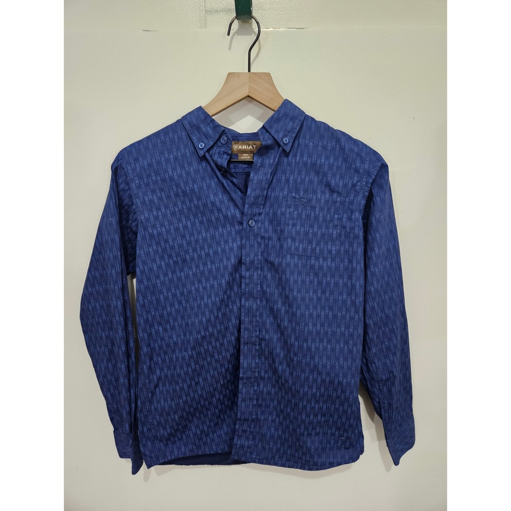 Ariat Boys Blue Geometric Print Long Sleeve Western Button Down Shirt L 14-16